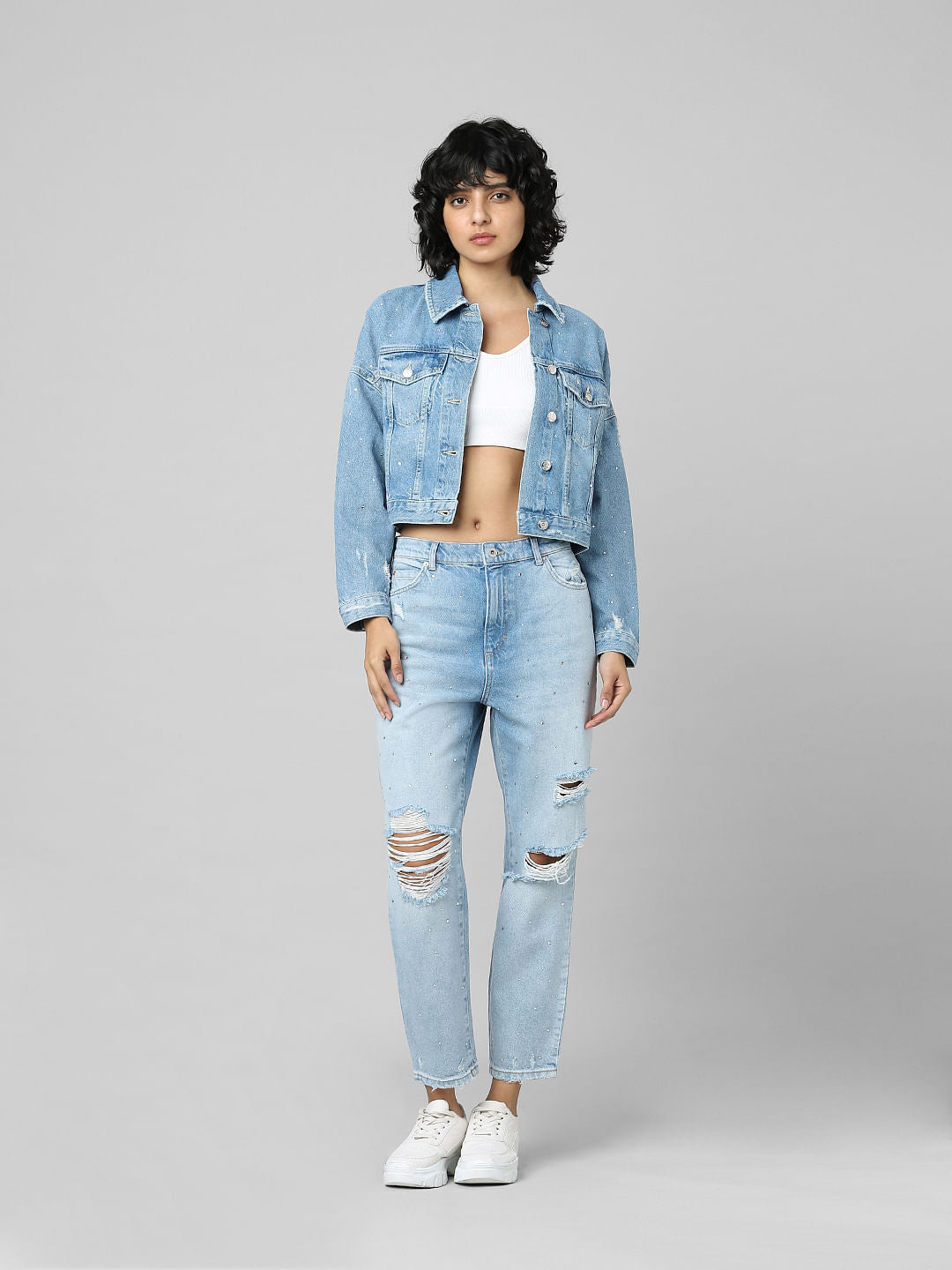 Blue Rhinestone Detail Denim Jacket