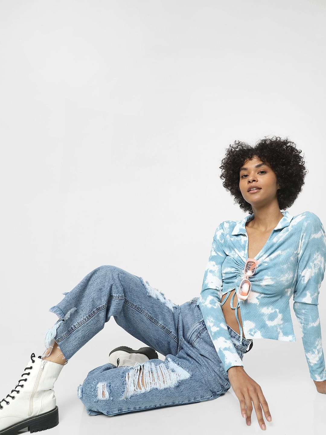 Blue High Waist Ripped Comfort Fit Jeans