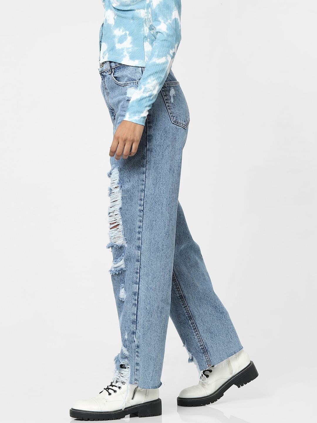 Blue High Waist Ripped Comfort Fit Jeans