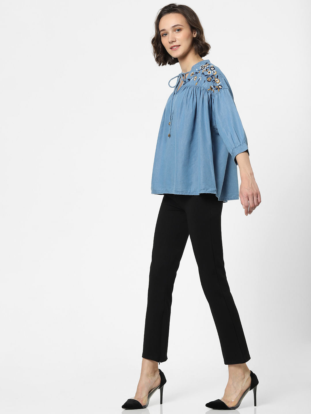 Blue Embroidered Denim Top
