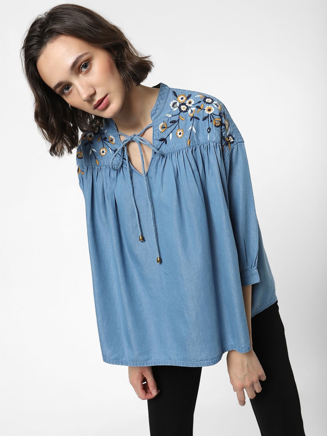 Blue Embroidered Denim Top