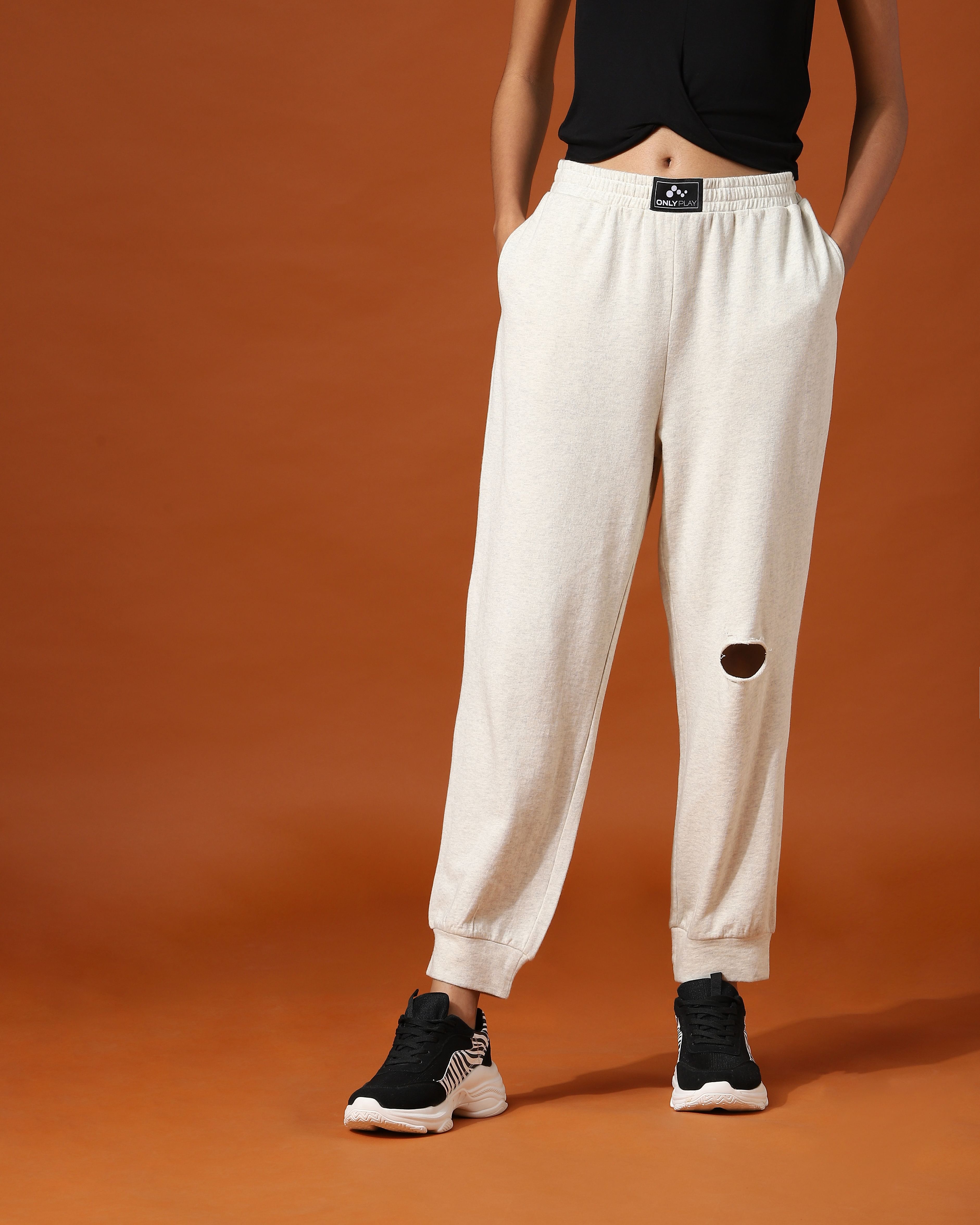 Beige High Rise Knee Cut Sweatpants