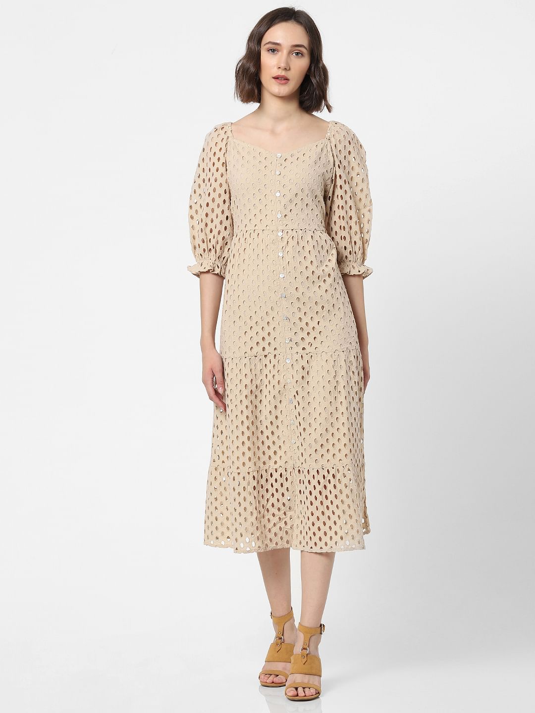Beige Schiffli Embroidered Midi Dress