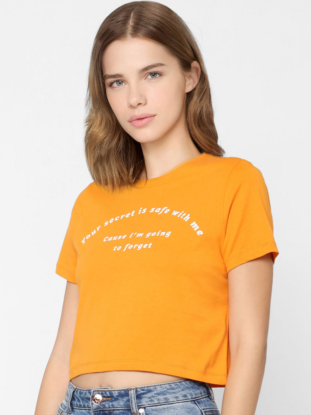 Orange Slogan Print Cropped T-Shirt