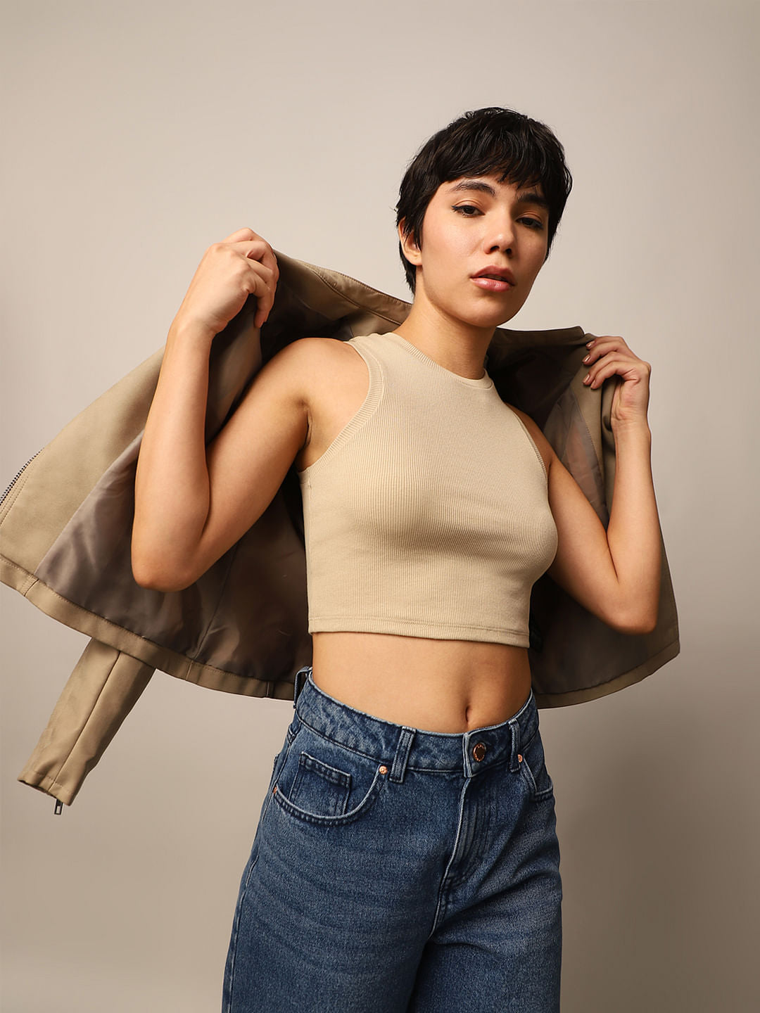 Beige Ribbed Cropped Tank Top