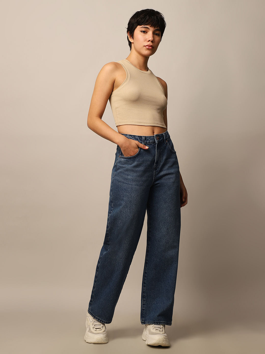 Beige Ribbed Cropped Tank Top