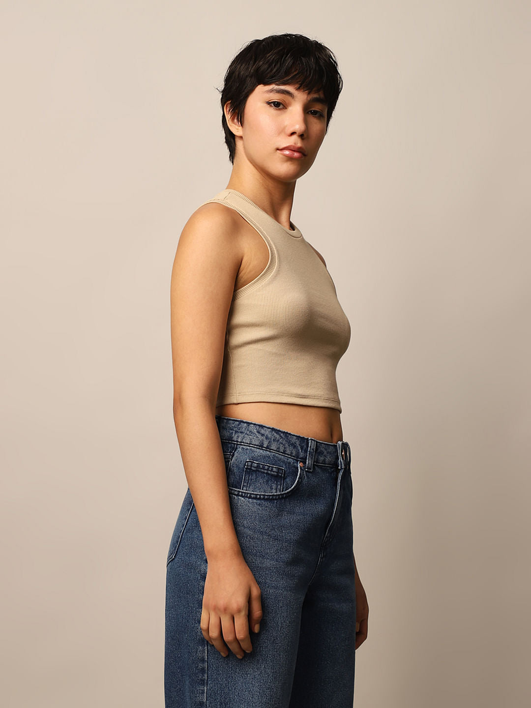 Beige Ribbed Cropped Tank Top