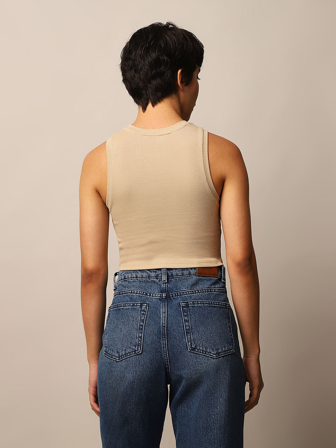 Beige Ribbed Cropped Tank Top