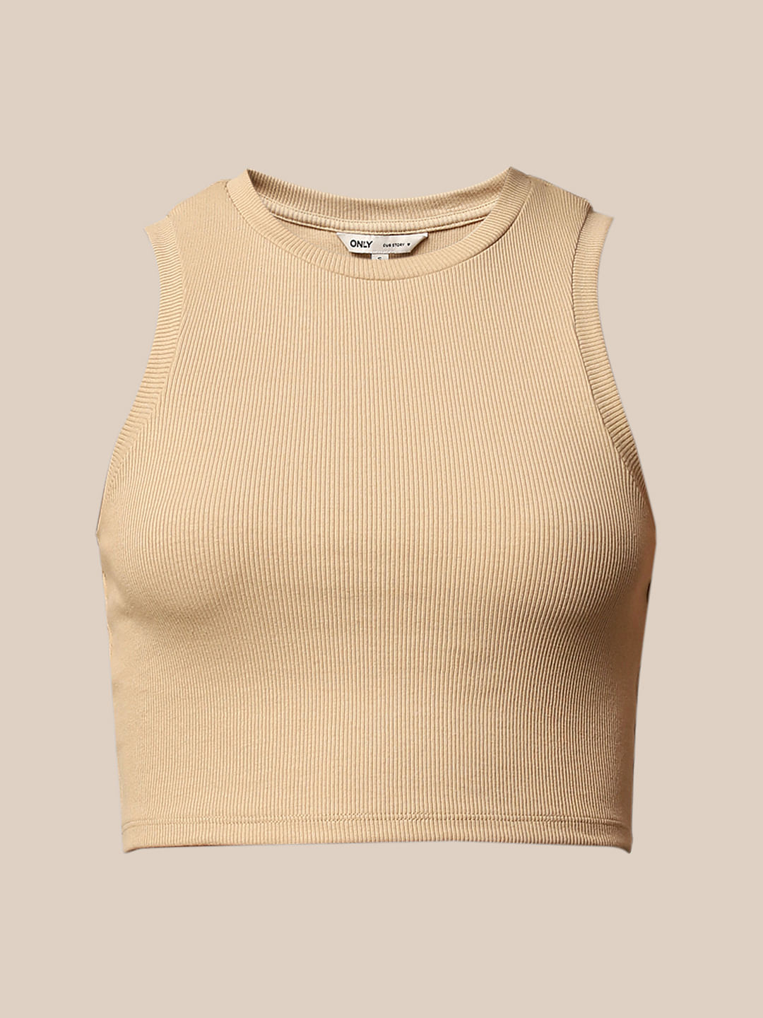 Beige Ribbed Cropped Tank Top