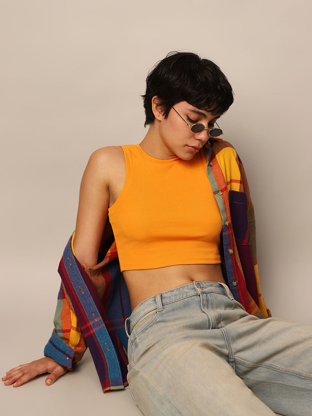 Orange Ribbed Cropped Tank Top