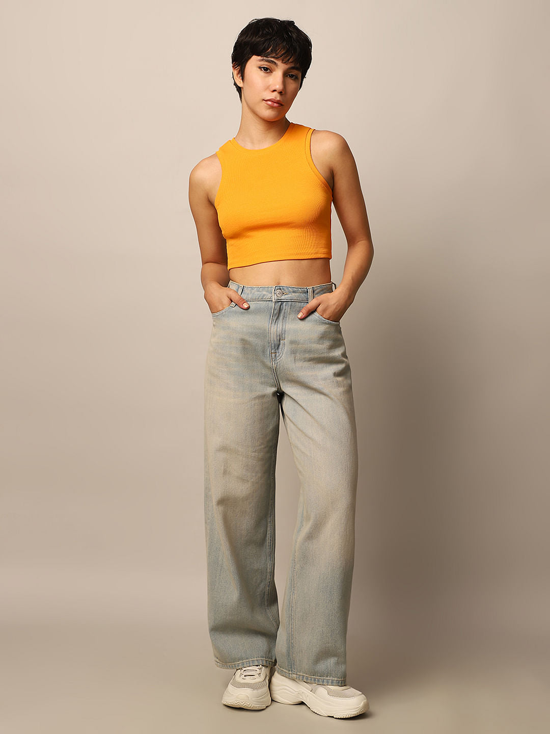 Orange Ribbed Cropped Tank Top