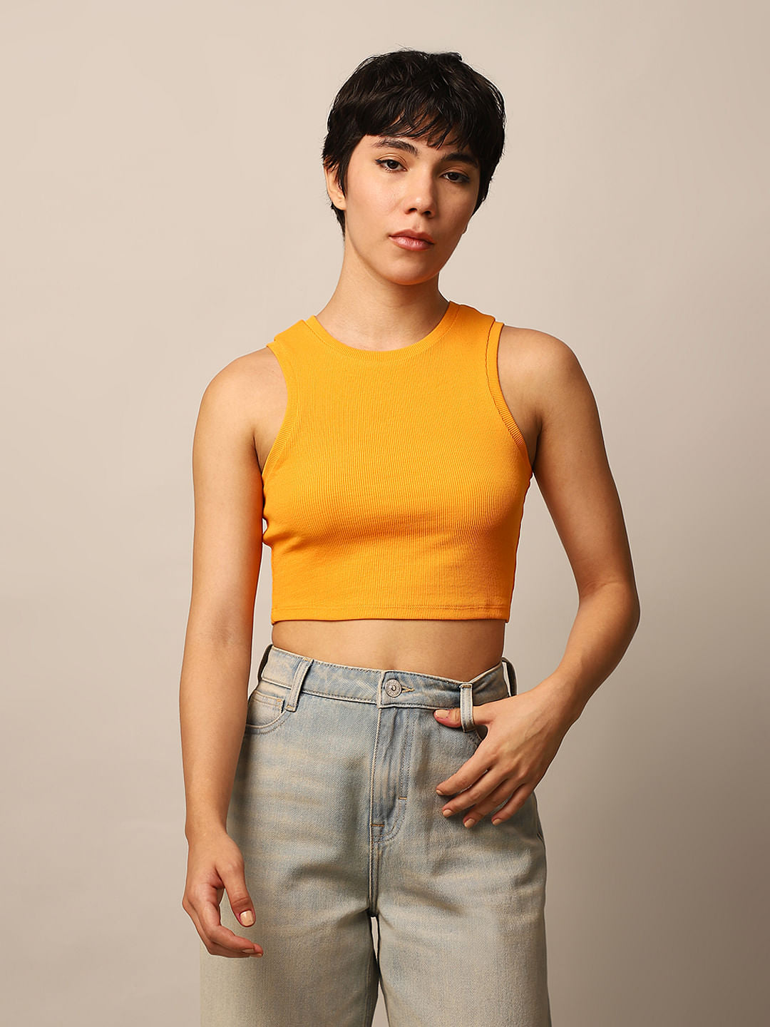 Orange Ribbed Cropped Tank Top