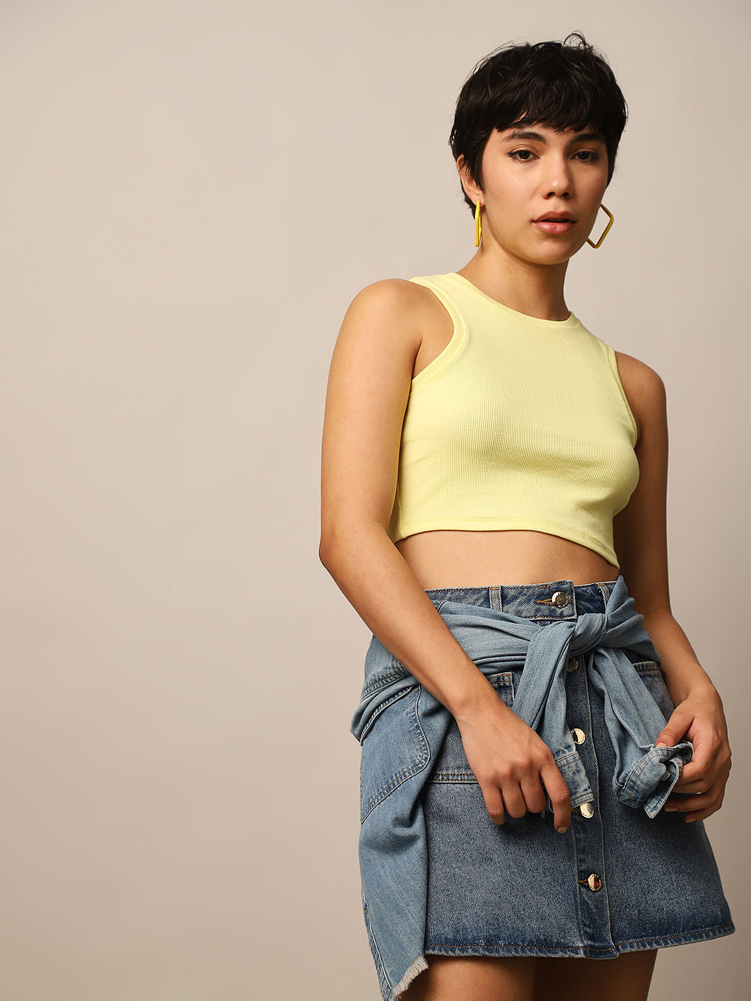 Yellow Ribbed Cropped Tank Top