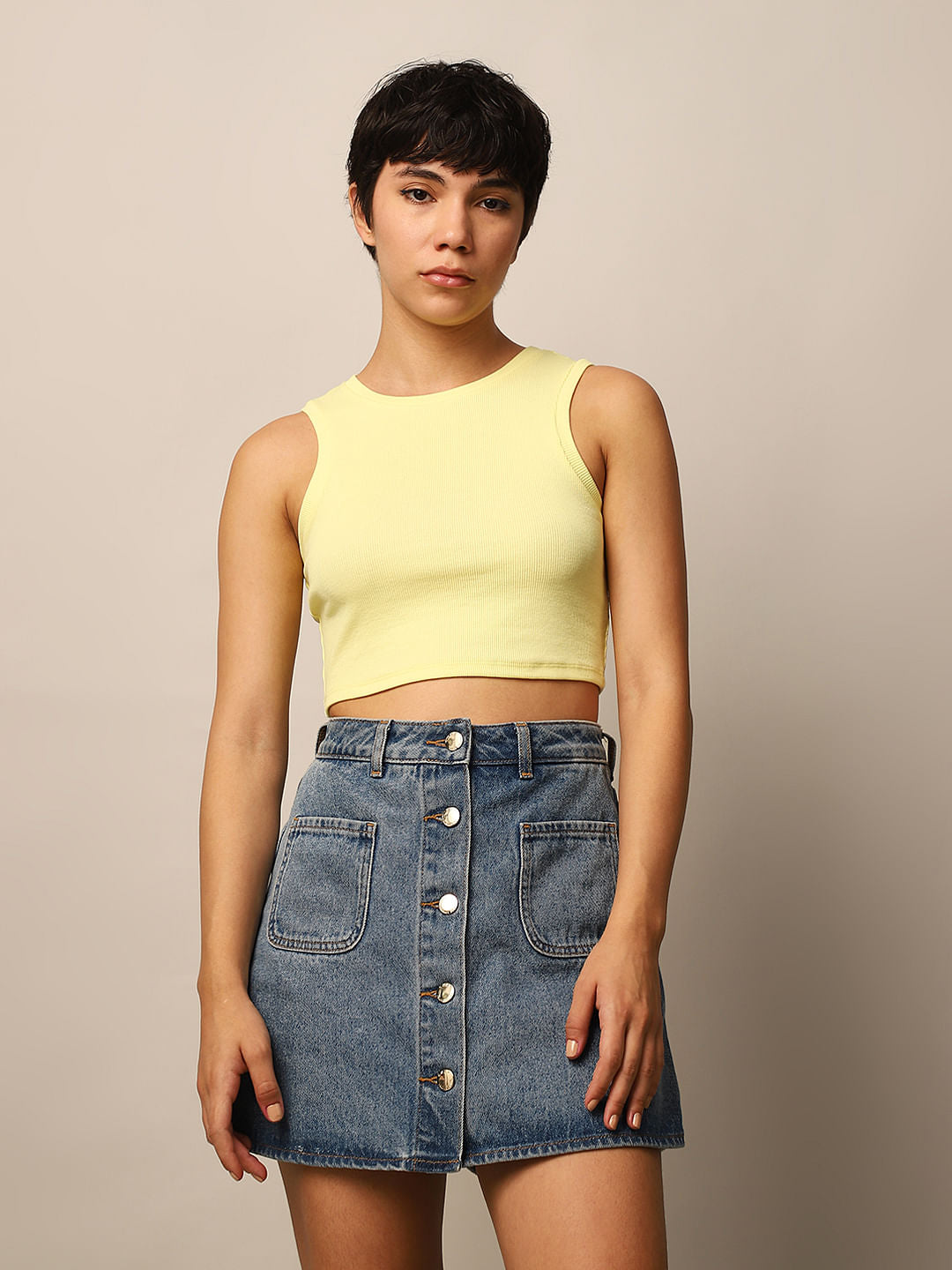 Yellow Ribbed Cropped Tank Top