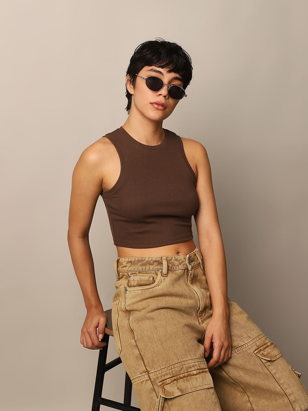 Brown Ribbed Cropped Tank Top