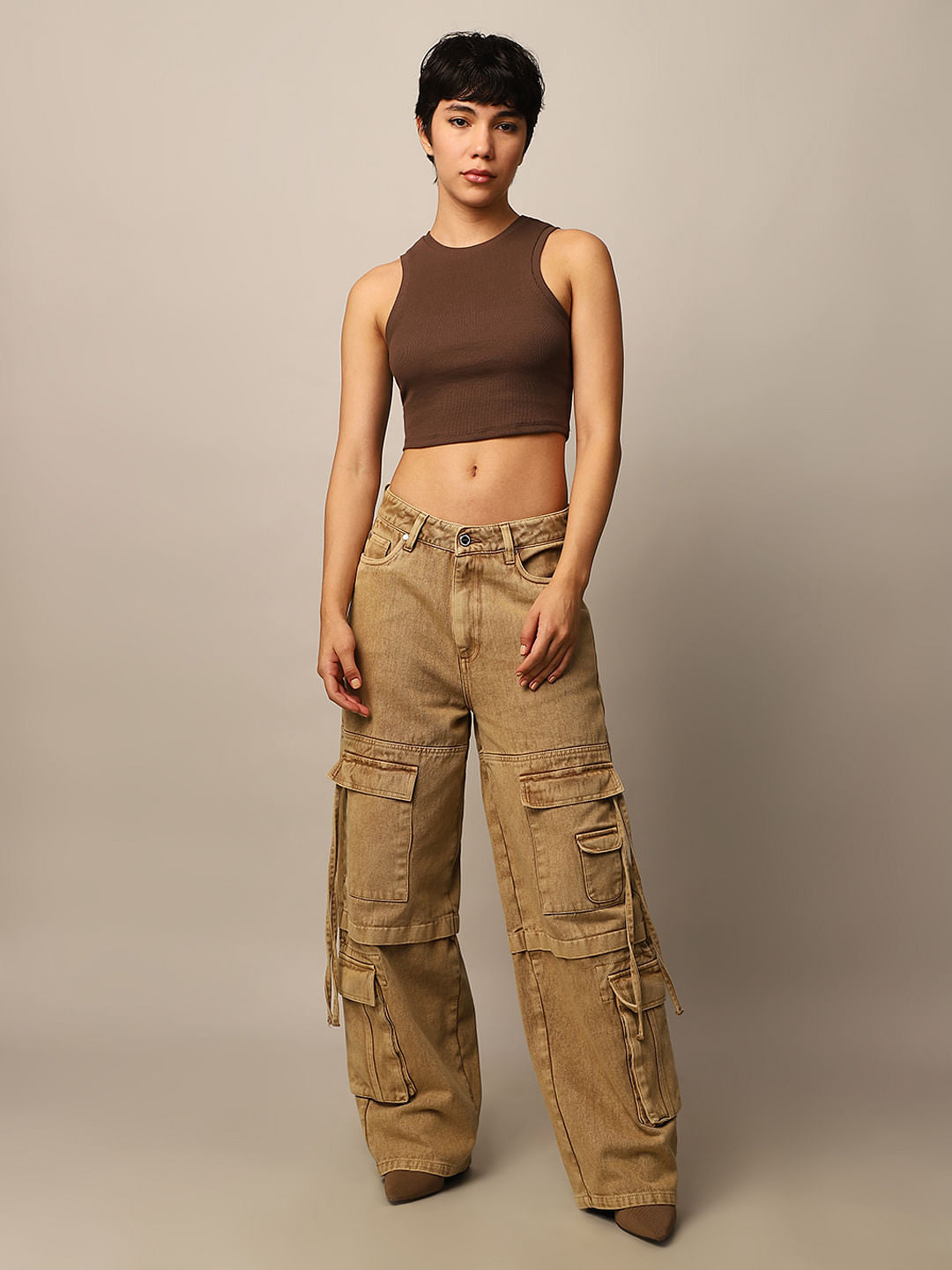 Brown Ribbed Cropped Tank Top