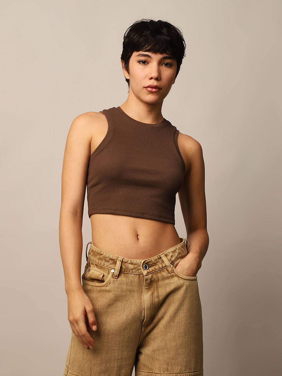Brown Ribbed Cropped Tank Top