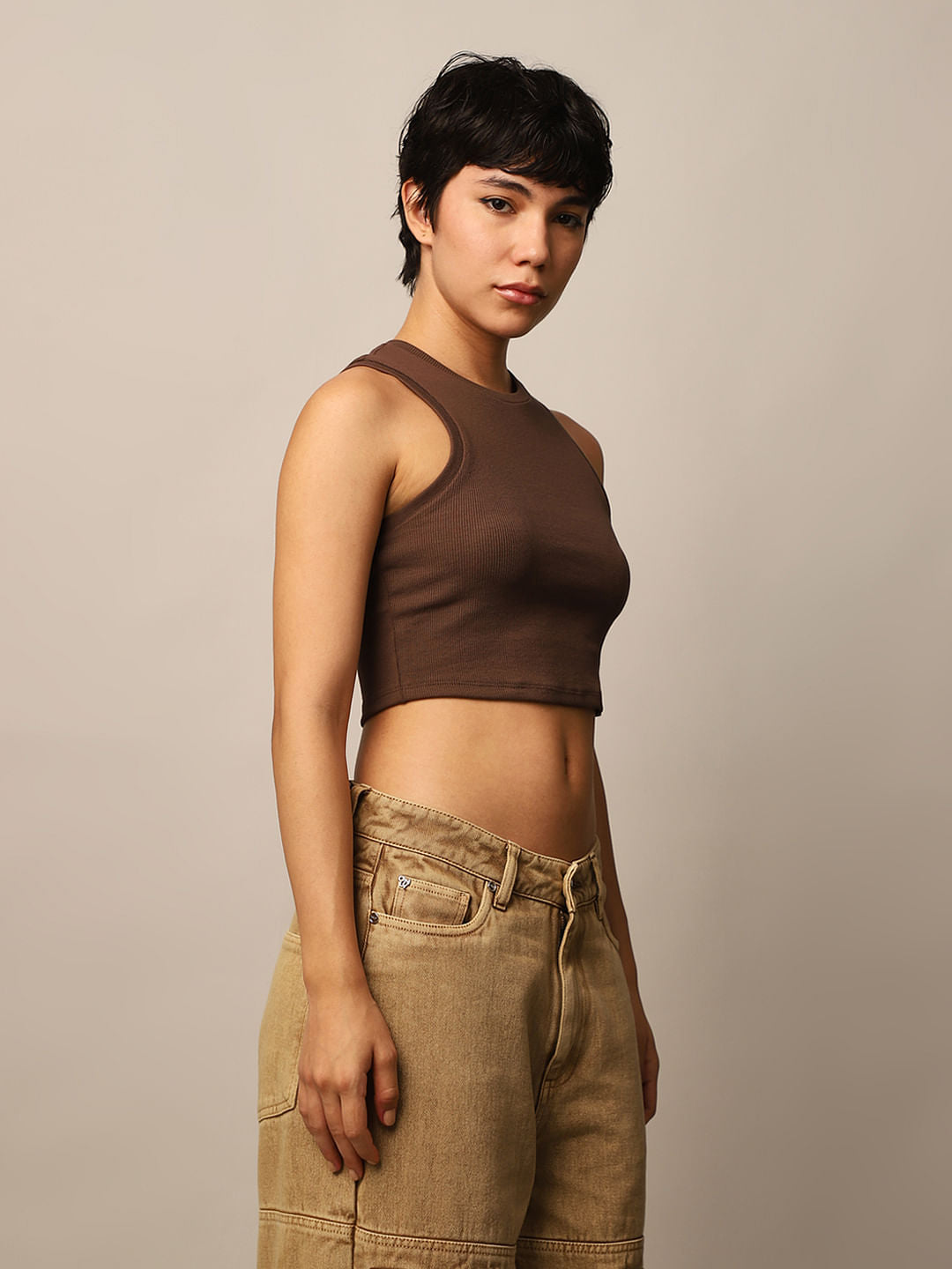 Brown Ribbed Cropped Tank Top