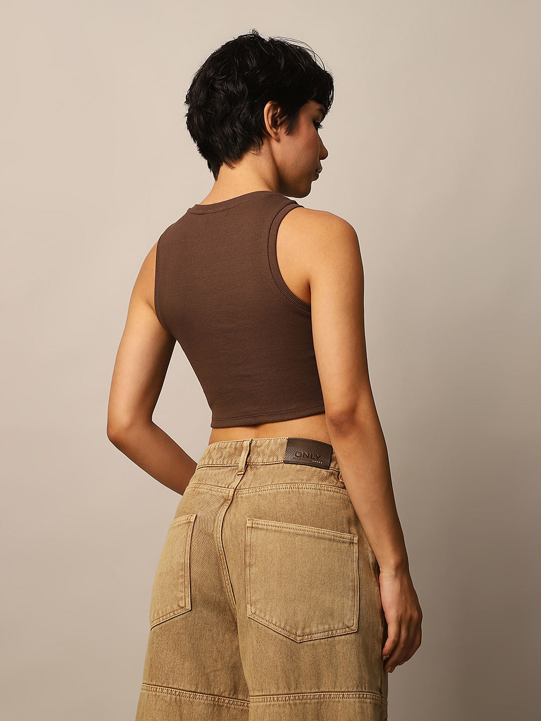 Brown Ribbed Cropped Tank Top
