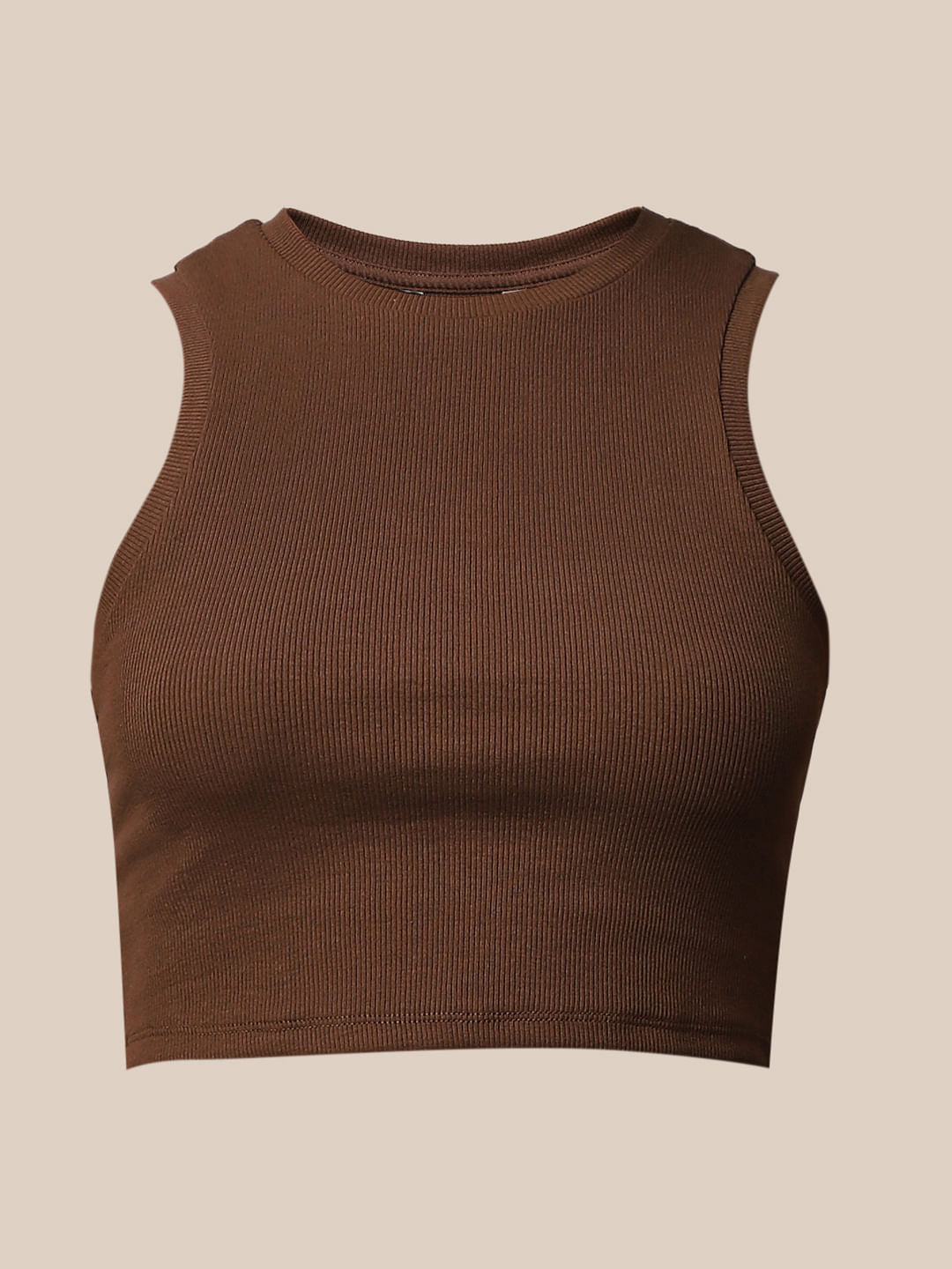 Brown Ribbed Cropped Tank Top