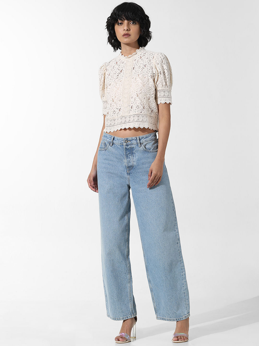 Cream Lace Puff-Sleeved Top