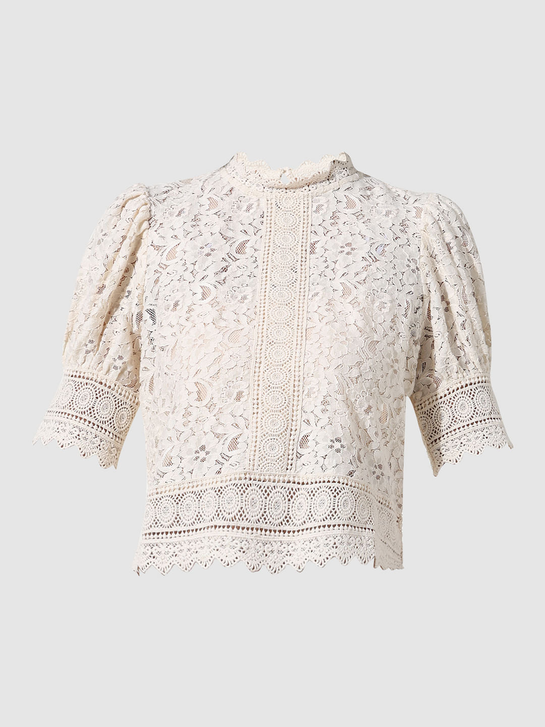 Cream Lace Puff-Sleeved Top