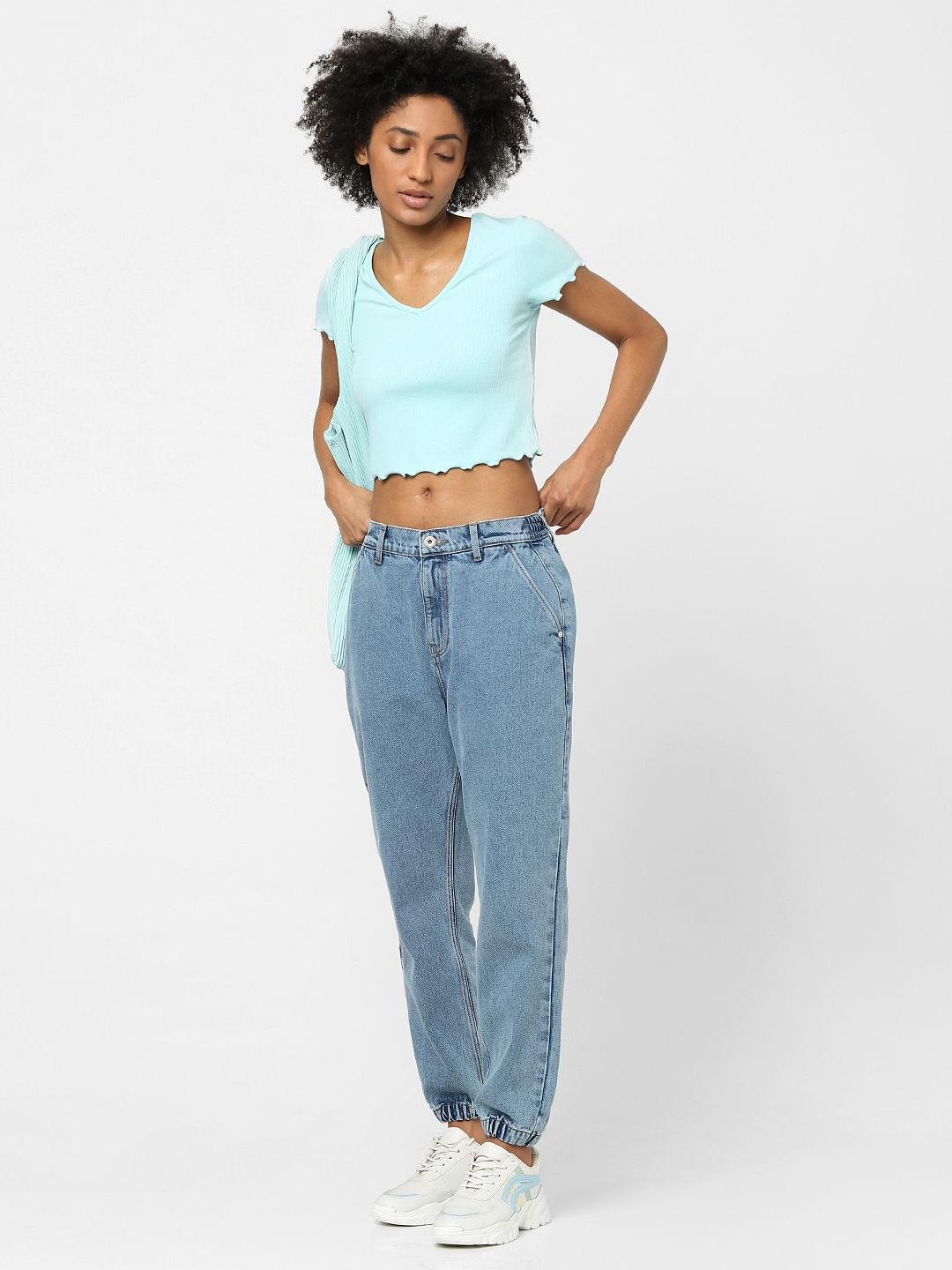 Blue High Waist Denim Joggers