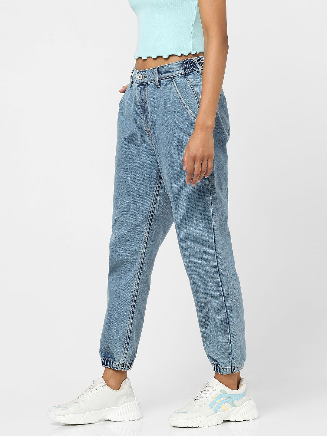 Blue High Waist Denim Joggers