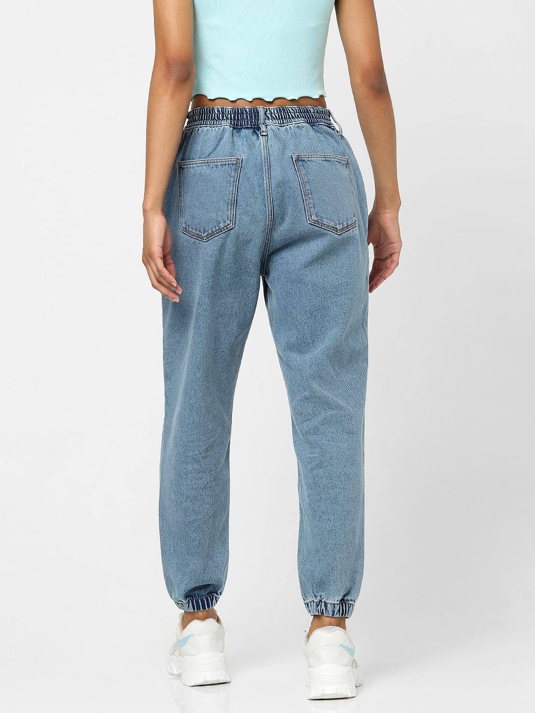 Blue High Waist Denim Joggers