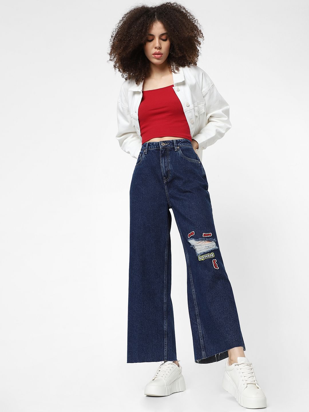 Blue High Rise Patch Print Flared Jeans