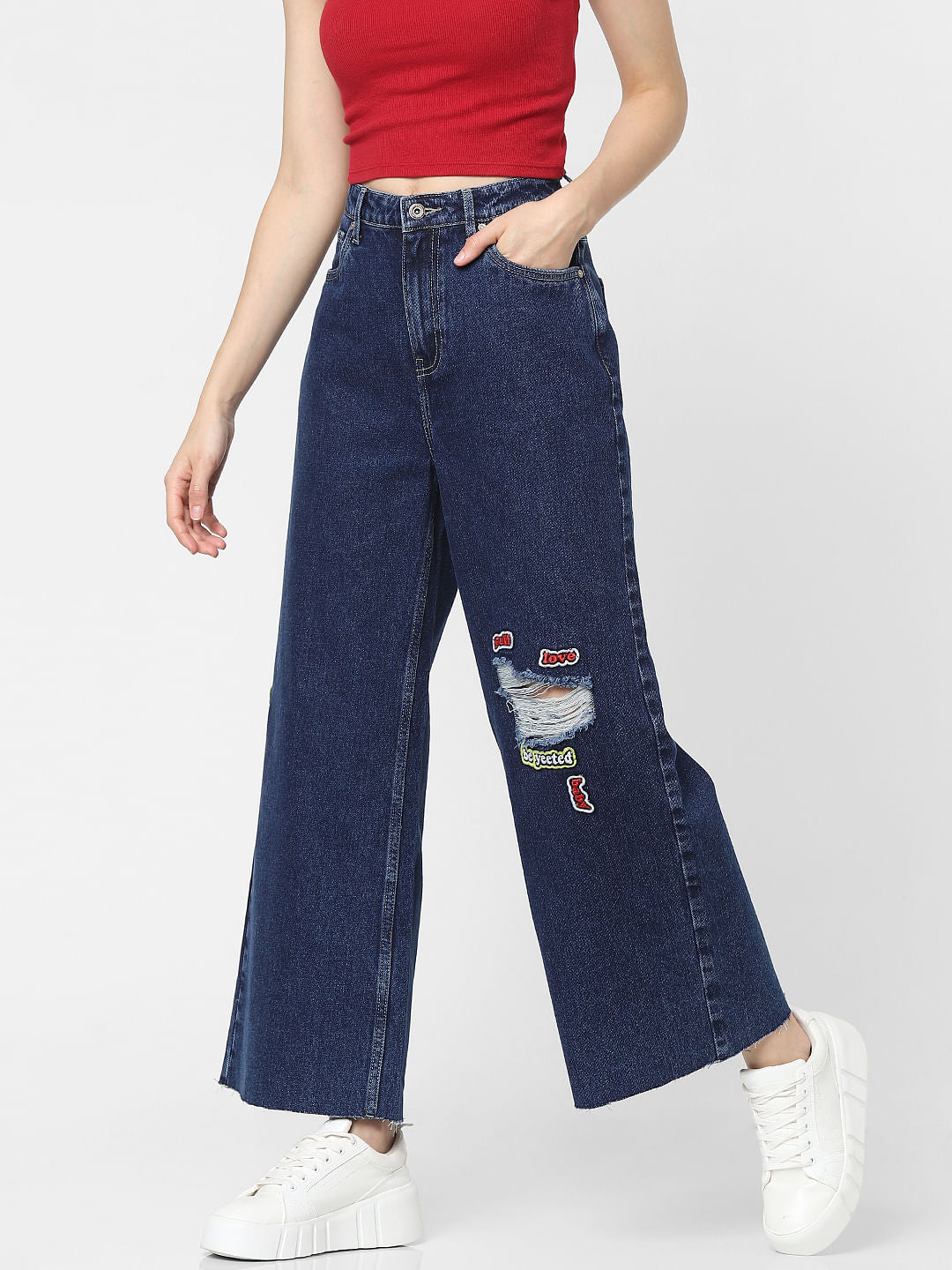 Blue High Rise Patch Print Flared Jeans