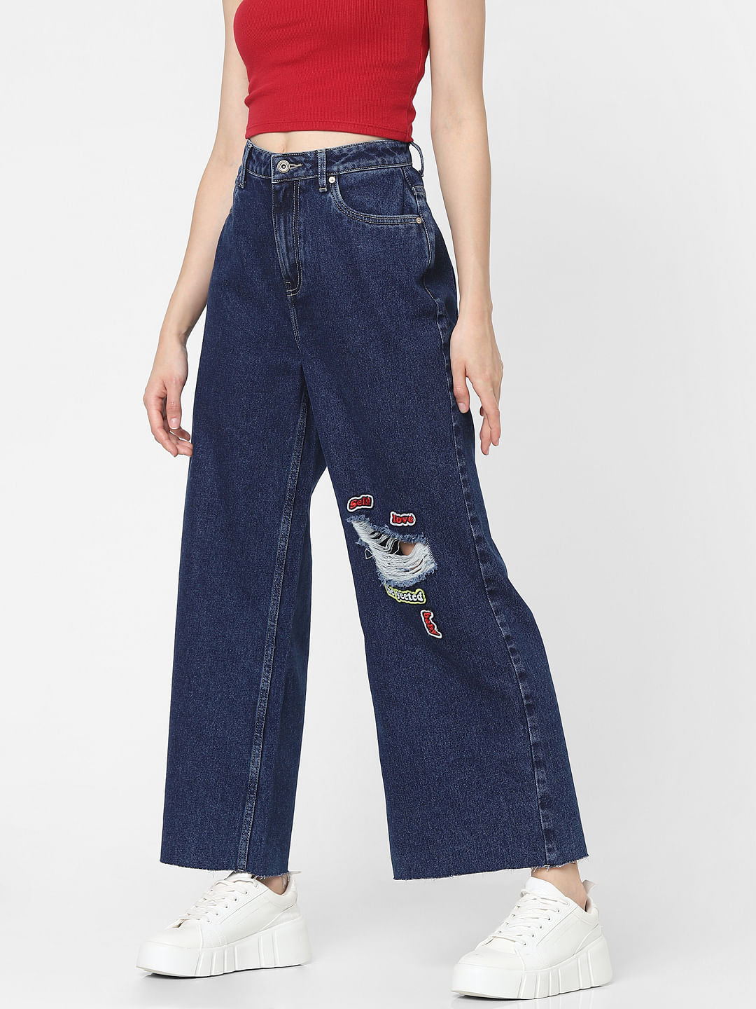 Blue High Rise Patch Print Flared Jeans
