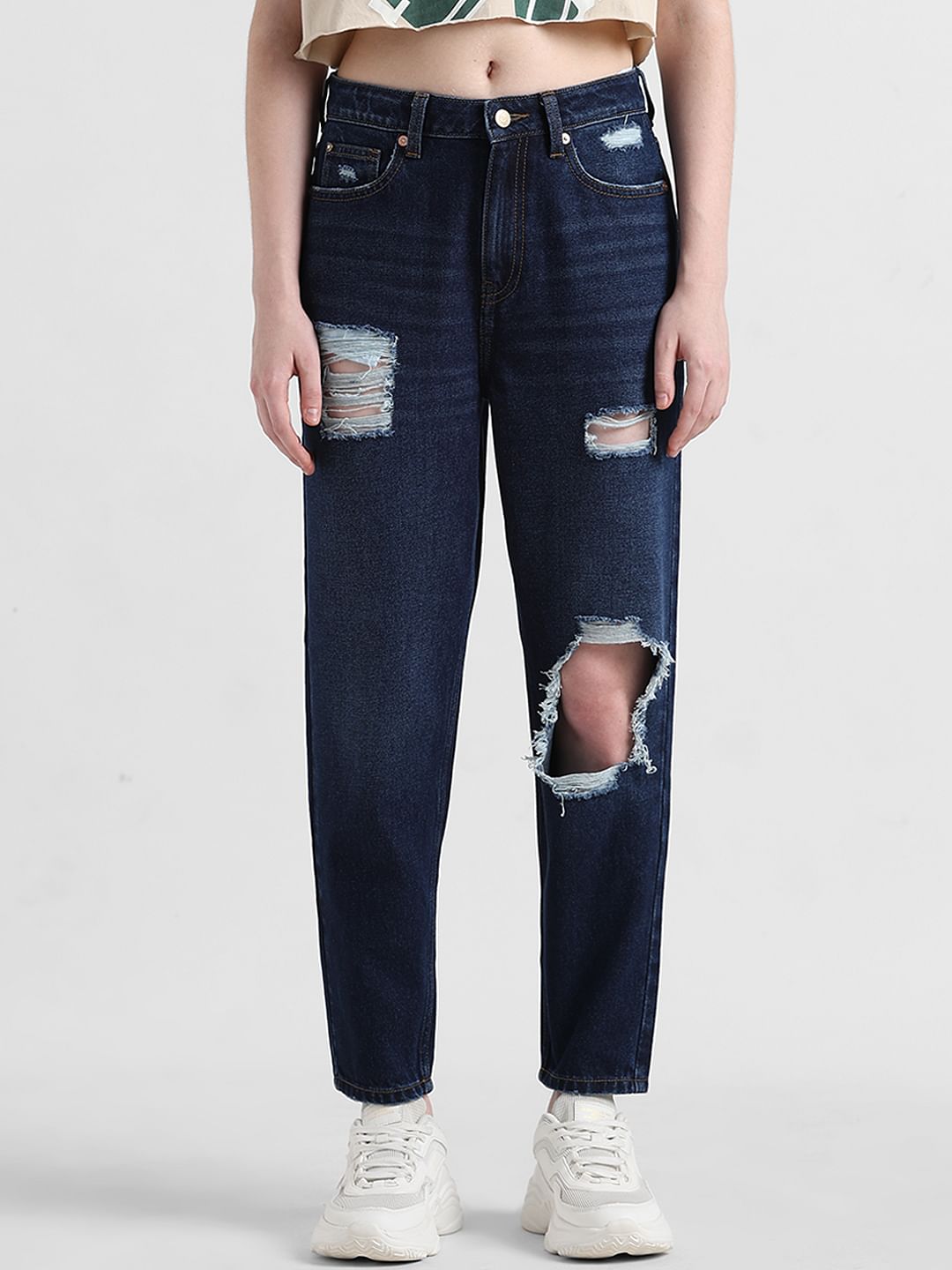 Blue High Rise Ripped Mom Jeans