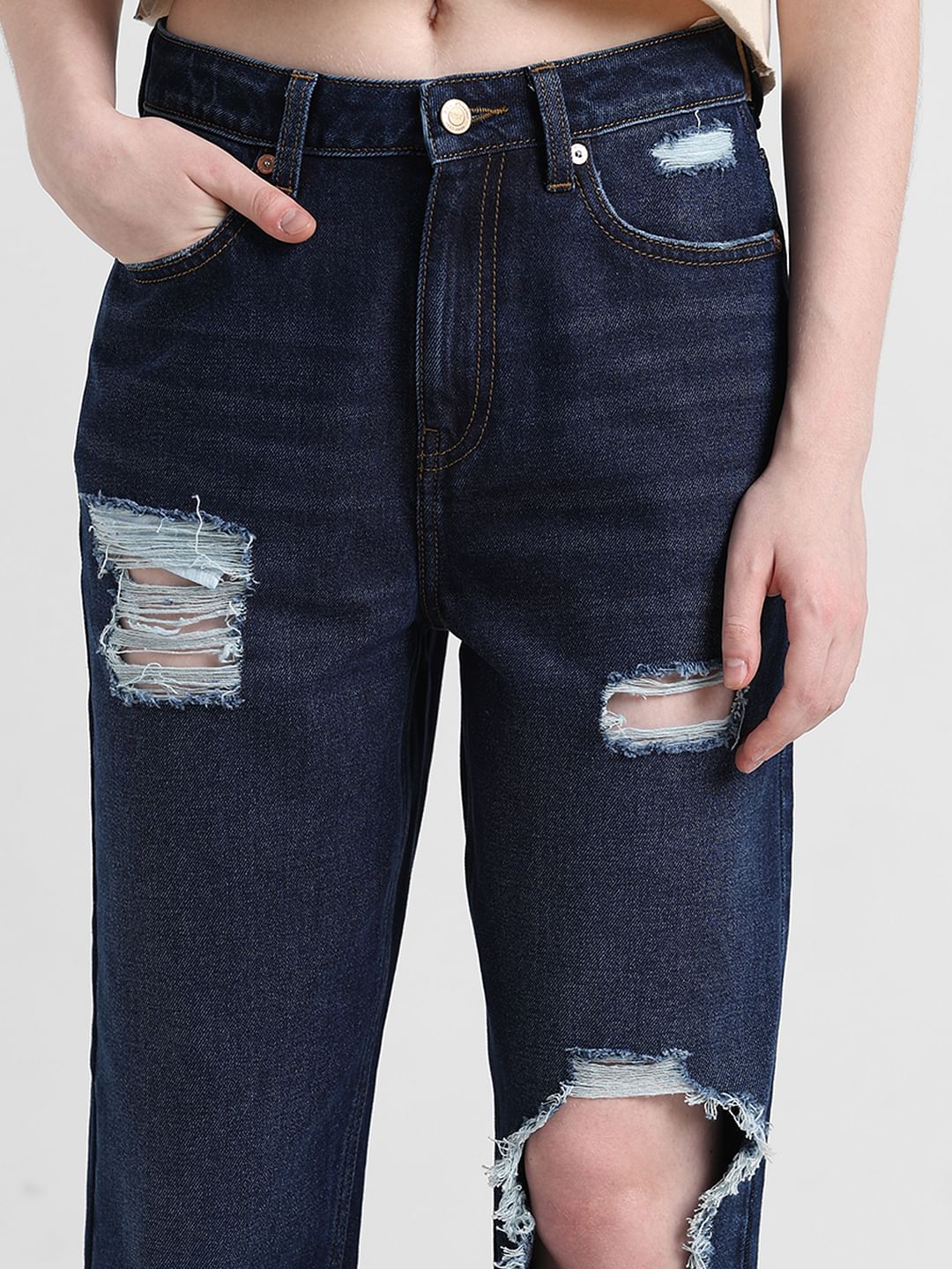 Blue High Rise Ripped Mom Jeans