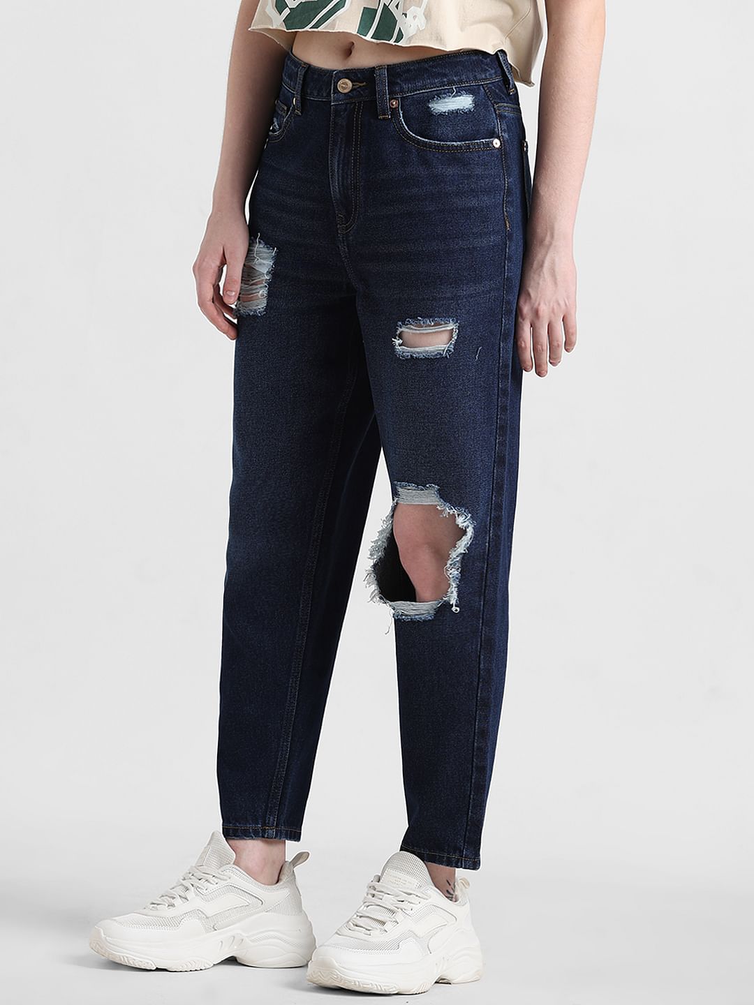 Blue High Rise Ripped Mom Jeans