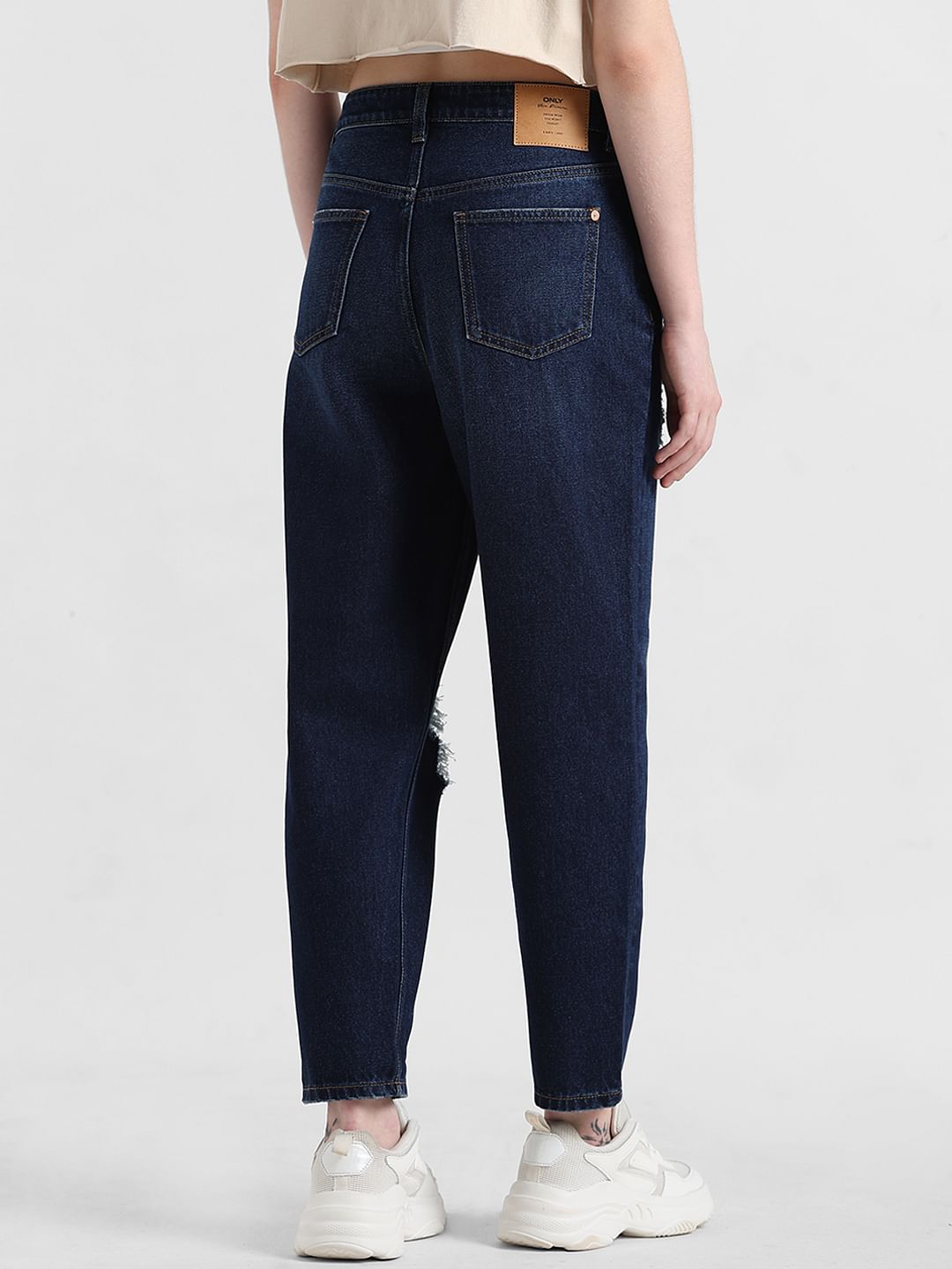 Blue High Rise Ripped Mom Jeans