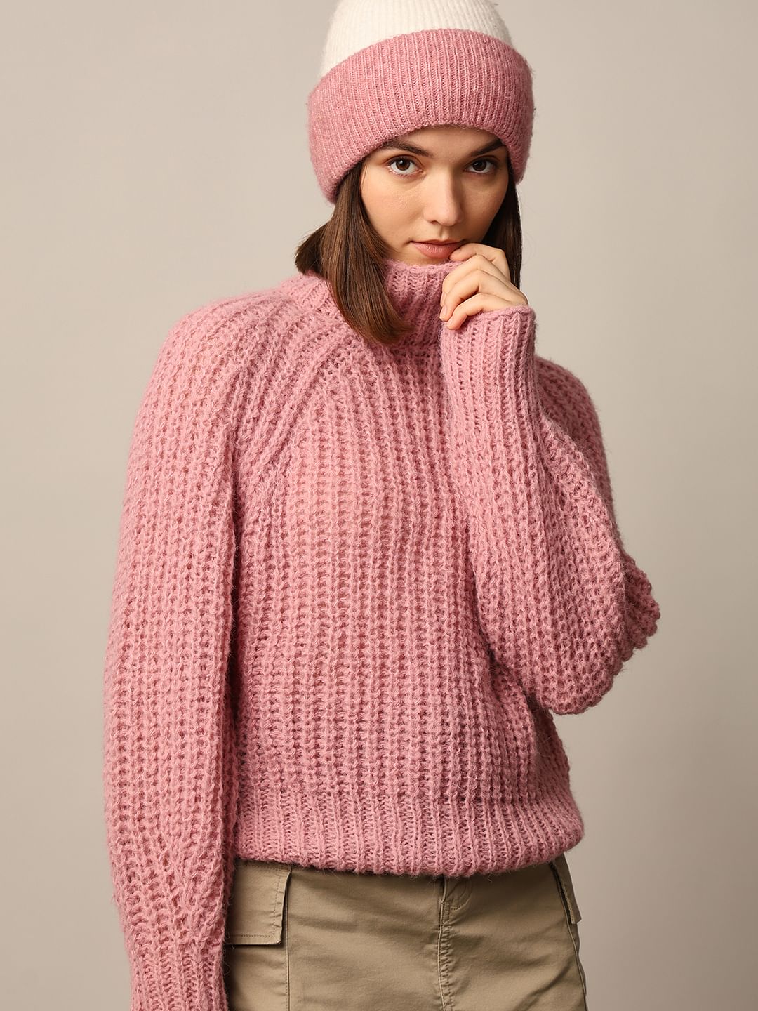 Pink Turtleneck Cable Knit Pullover