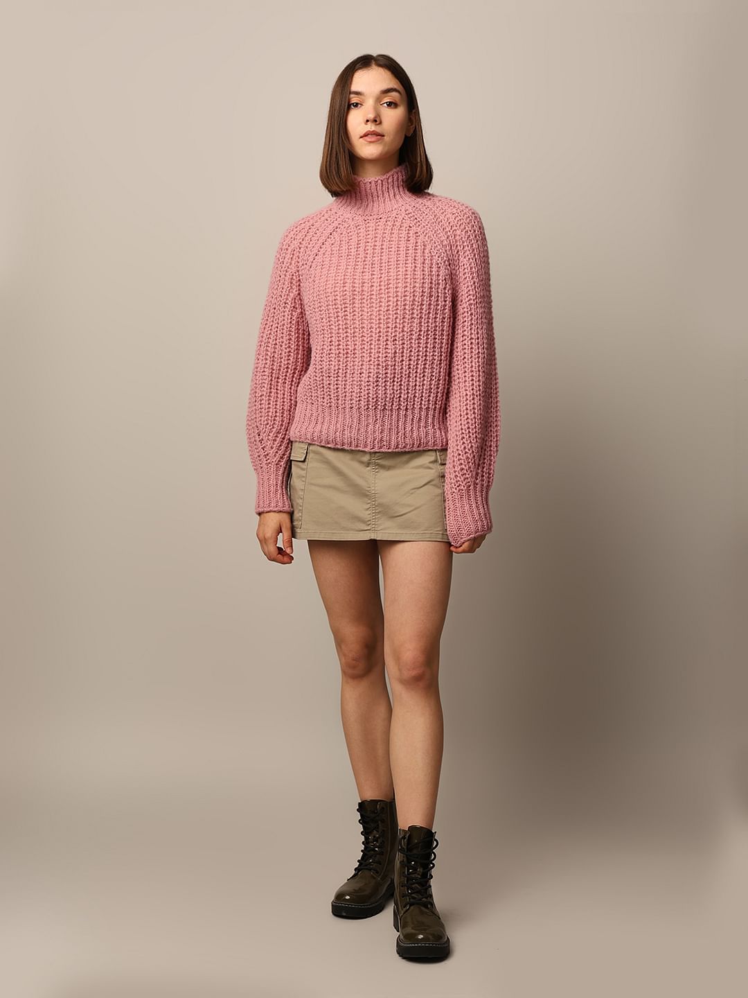 Pink Turtleneck Cable Knit Pullover