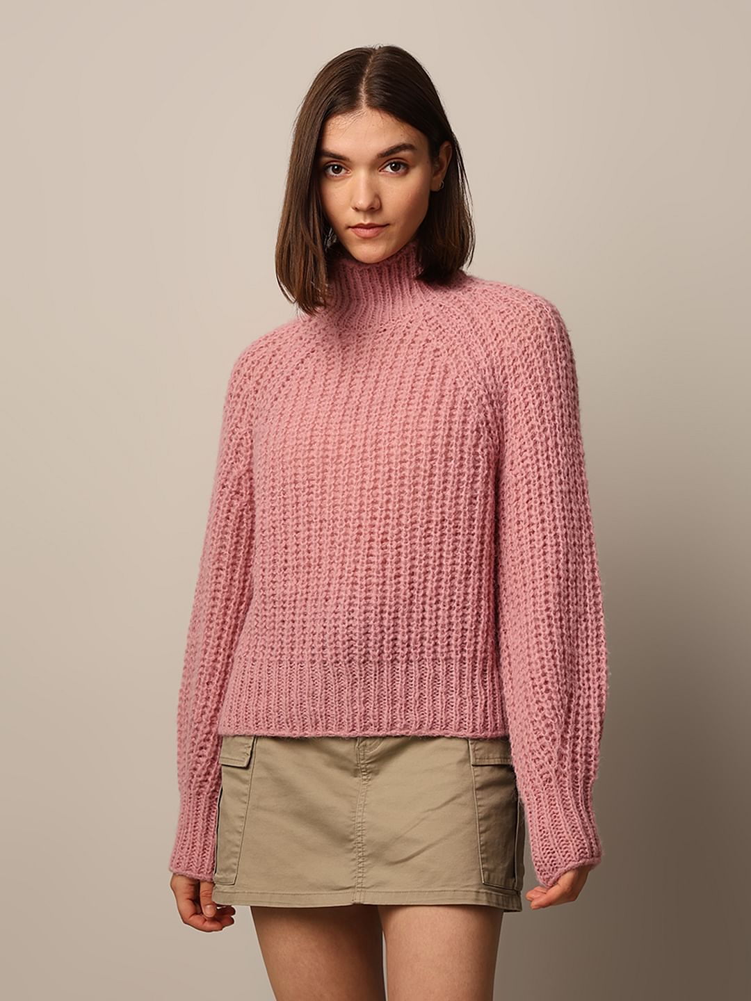 Pink Turtleneck Cable Knit Pullover