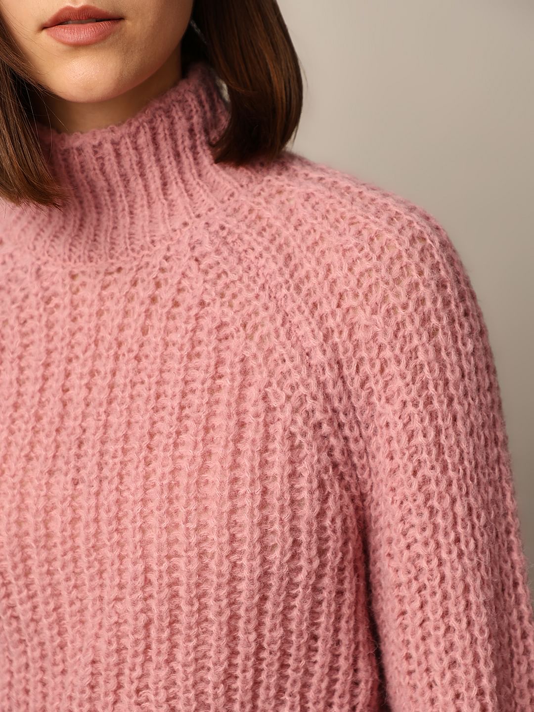 Pink Turtleneck Cable Knit Pullover