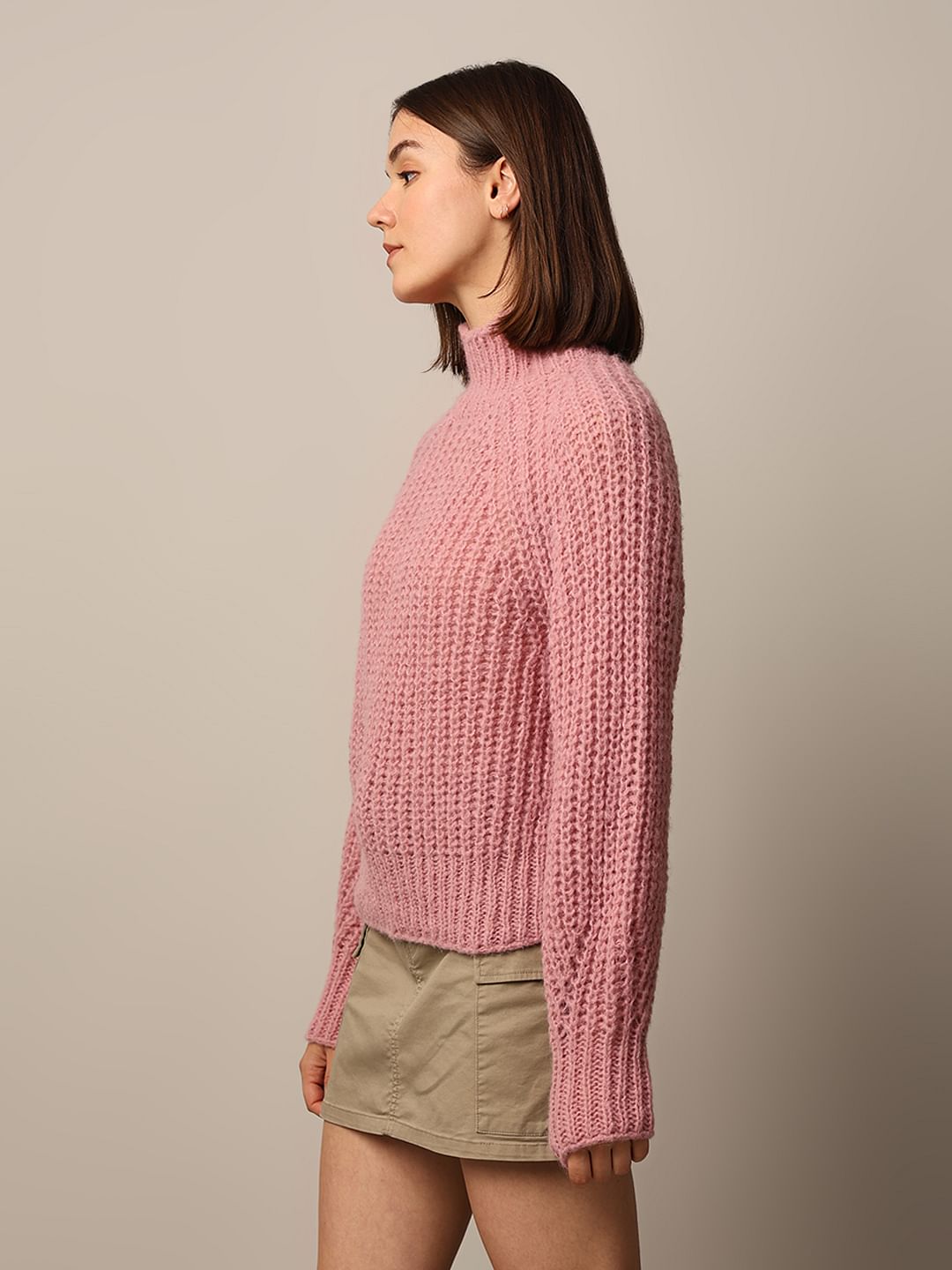 Pink Turtleneck Cable Knit Pullover