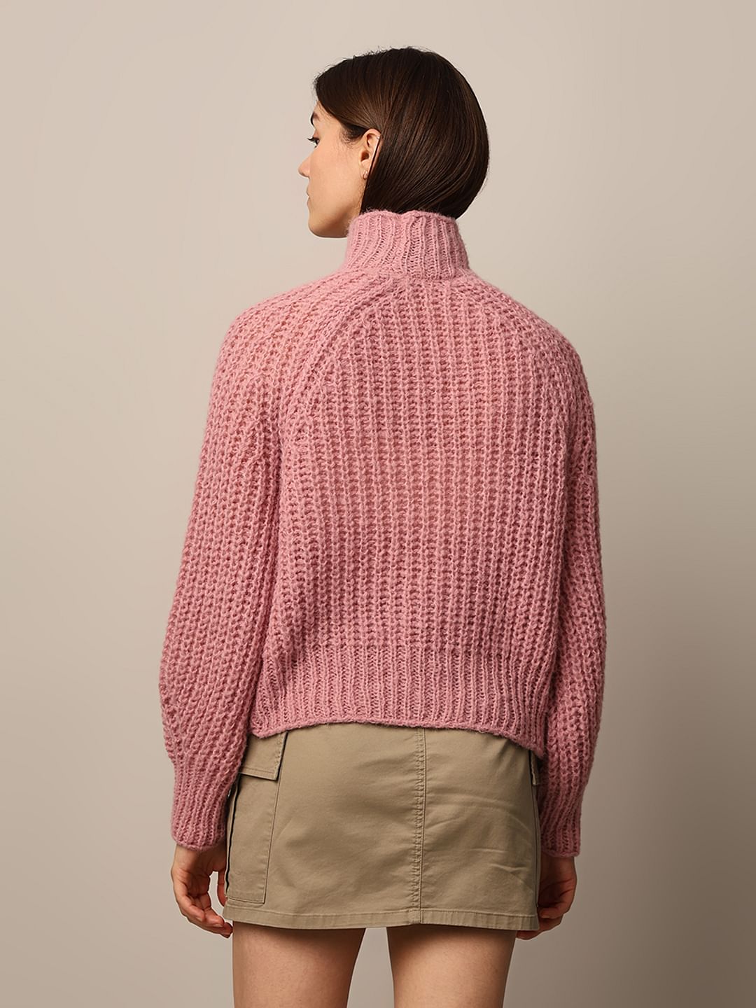 Pink Turtleneck Cable Knit Pullover
