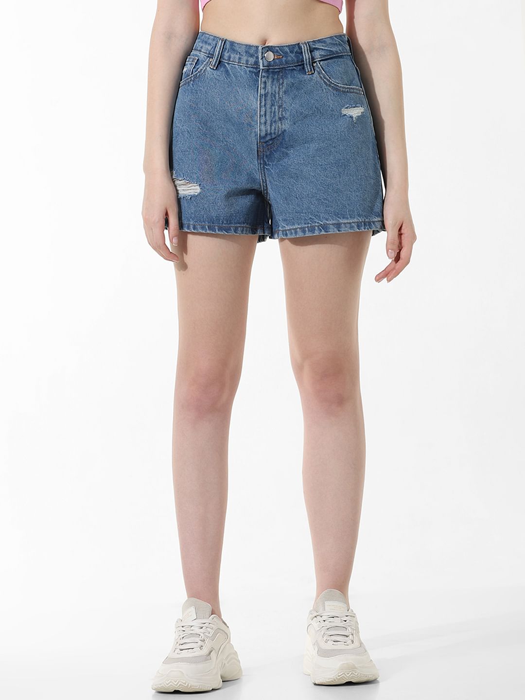 Blue High Rise Distressed Denim Shorts