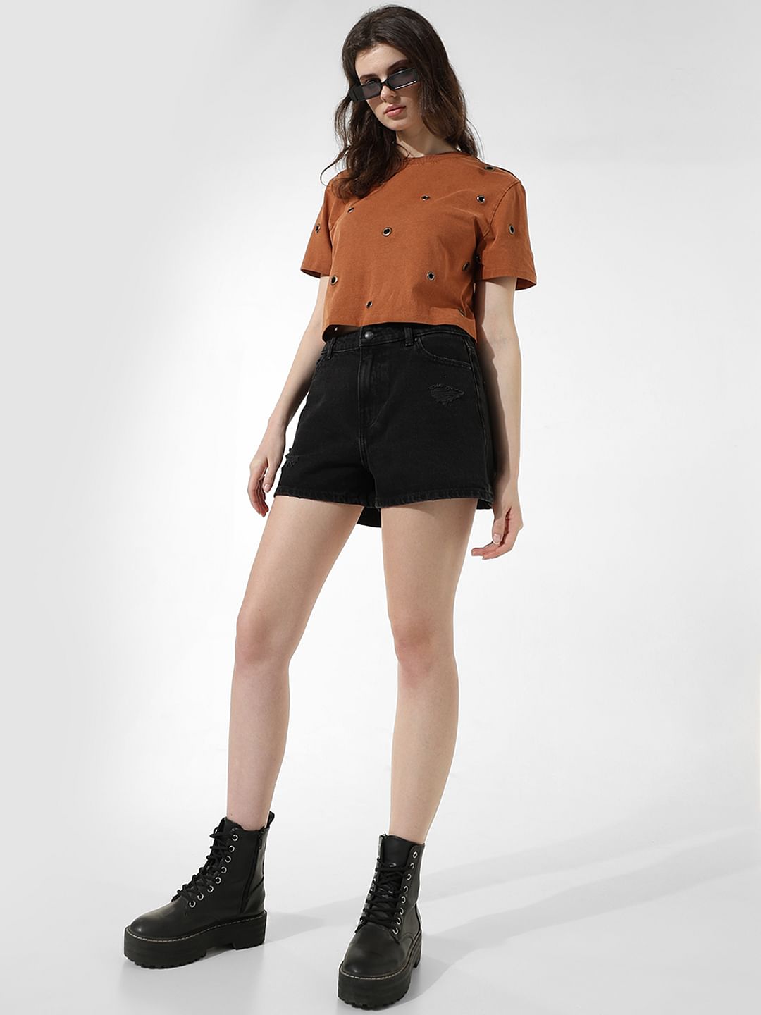 Black High Rise Distressed Denim Shorts