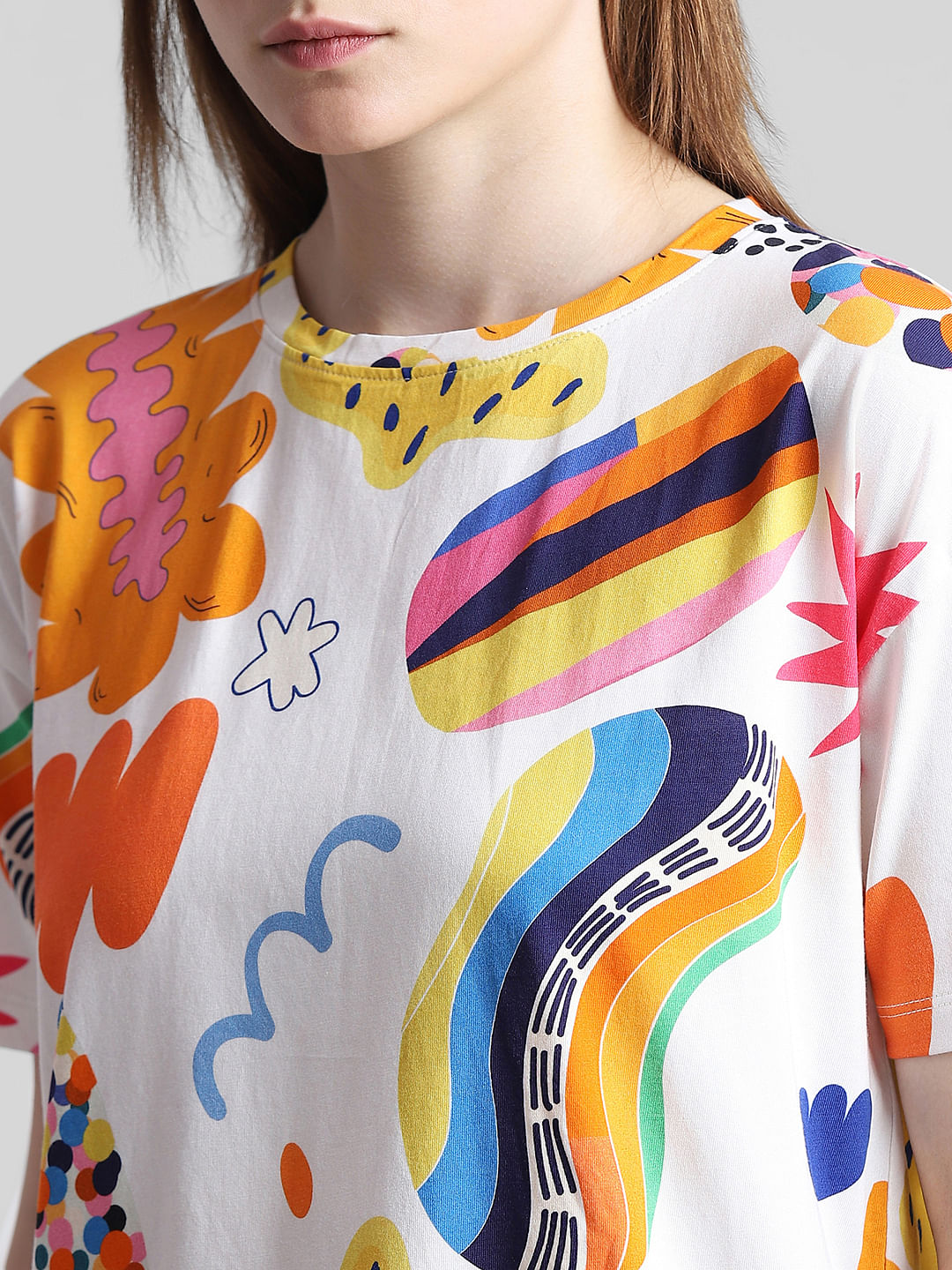 White Graphic Print Long T-Shirt