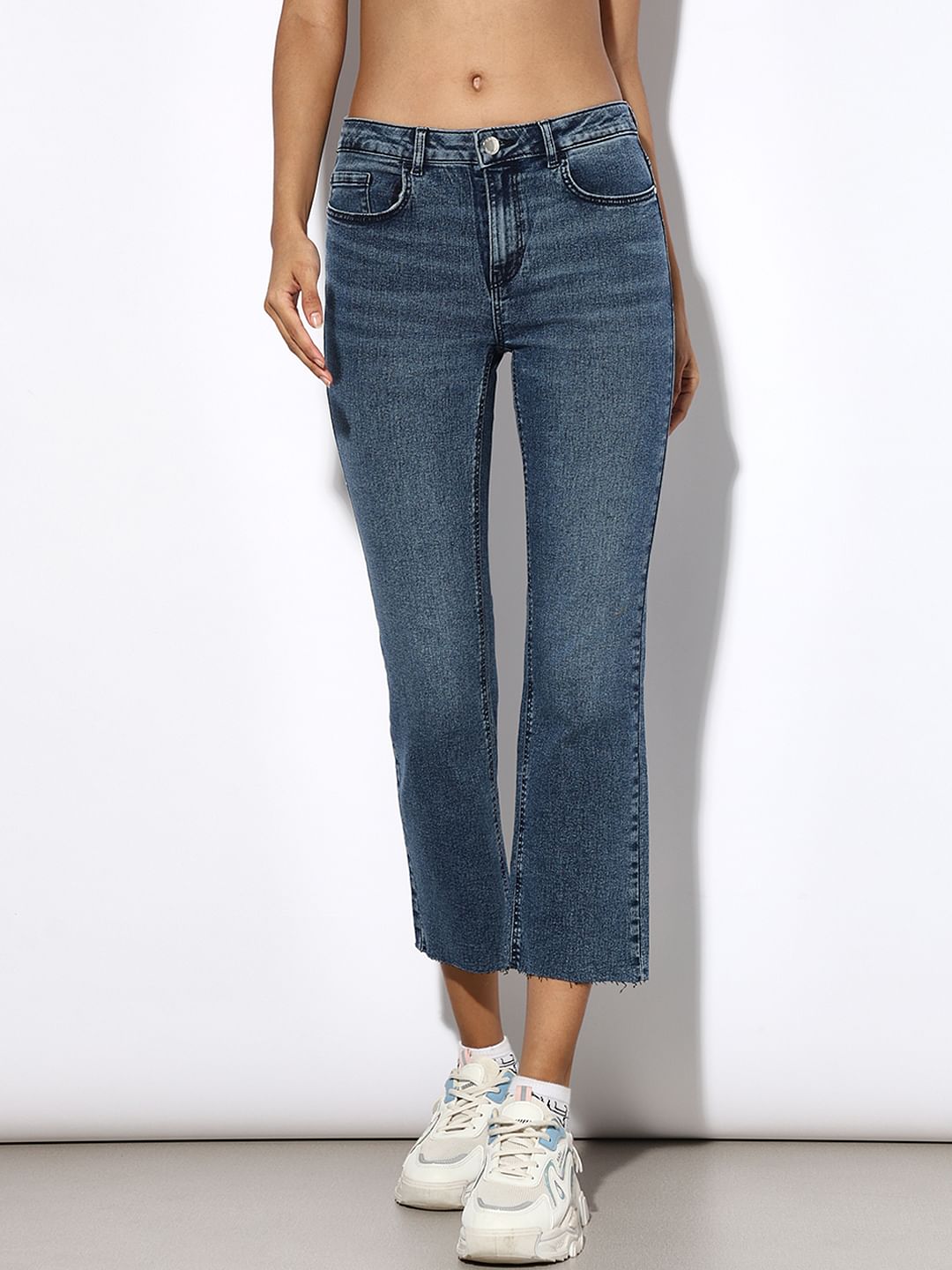 Blue Mid Rise Raw-Edge Flared Jeans