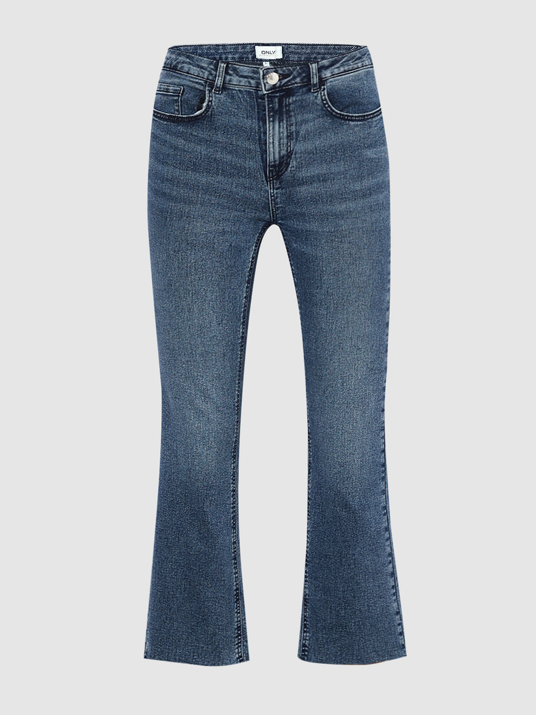 Blue Mid Rise Raw-Edge Flared Jeans
