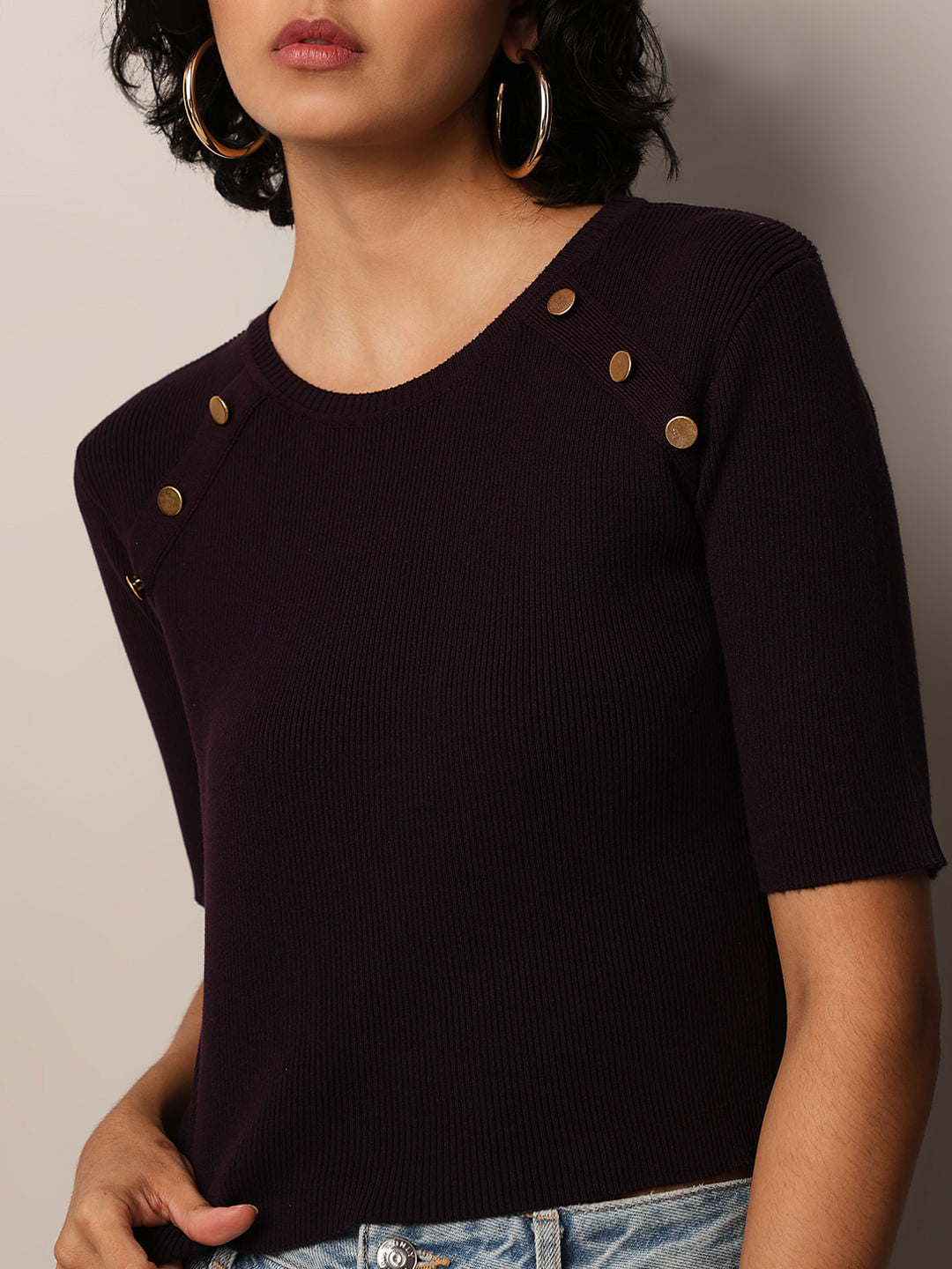 Plum Cotton Ribbed Knitted Top