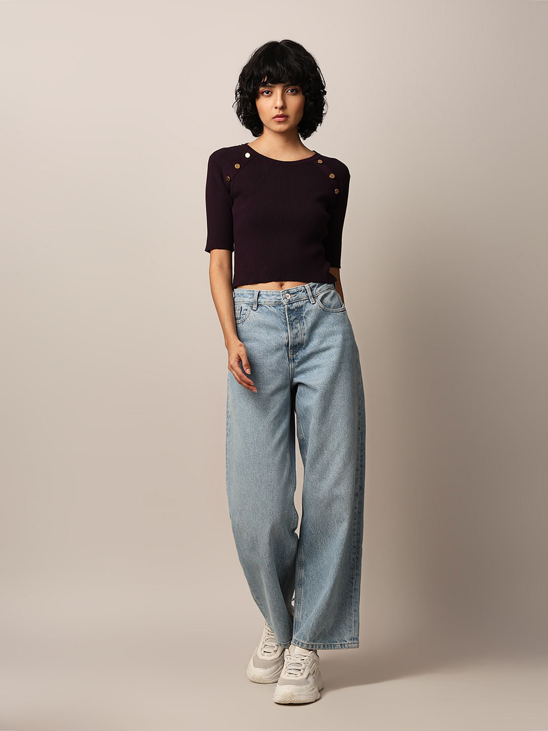 Plum Cotton Ribbed Knitted Top