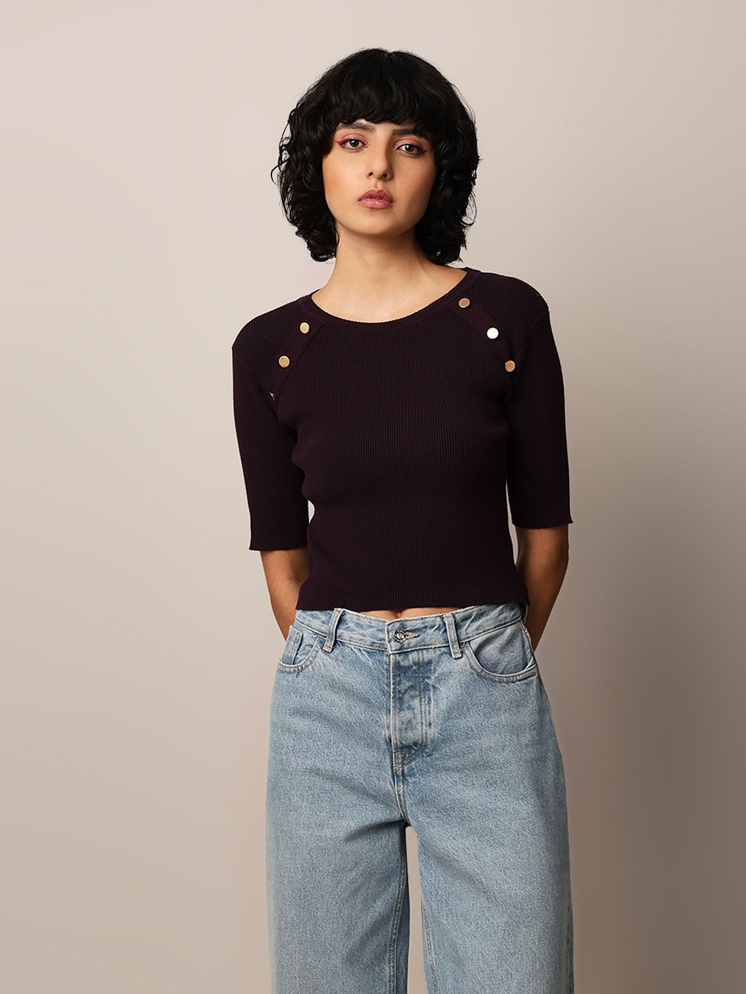 Plum Cotton Ribbed Knitted Top